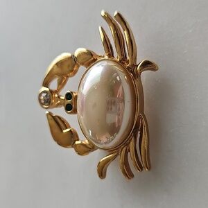 Roman Vintage Goldtone Crab Brooch with Faux Pearl and Rhinestones